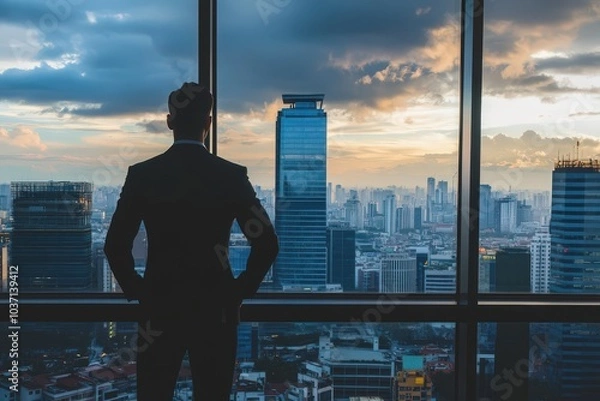 Fototapeta Silhouette of a businessman looking out over the city skyline at sunset.