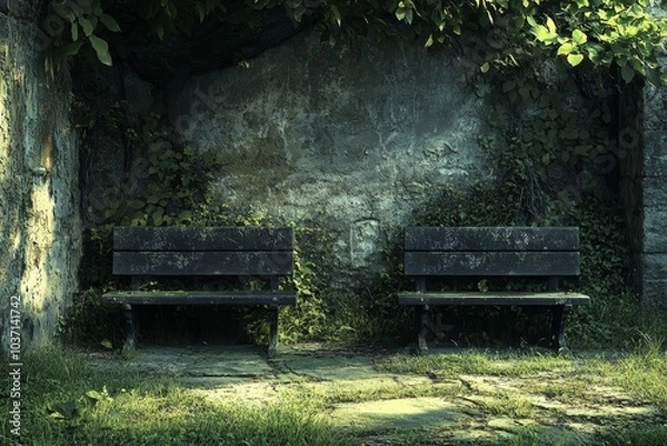 Fototapeta Two weathered wooden benches nestled in a serene green space, surrounded by foliage and soft lighting.