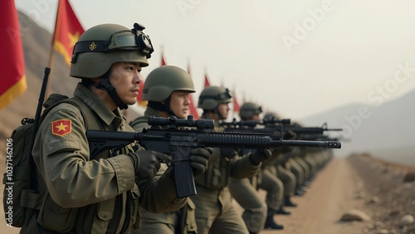Fototapeta squad of equipped asian appearance soldiers, generative ai