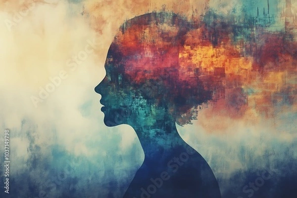 Fototapeta A silhouette of a woman filled with vibrant abstract colors, symbolizing creativity, imagination, and the harmony of emotions, thoughts, and artistic expression.