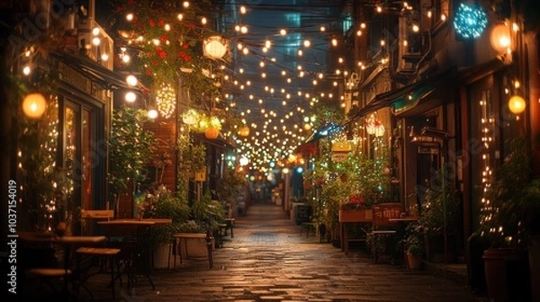 Fototapeta A charming alley adorned with string lights and greenery, creating a cozy atmosphere for leisure.