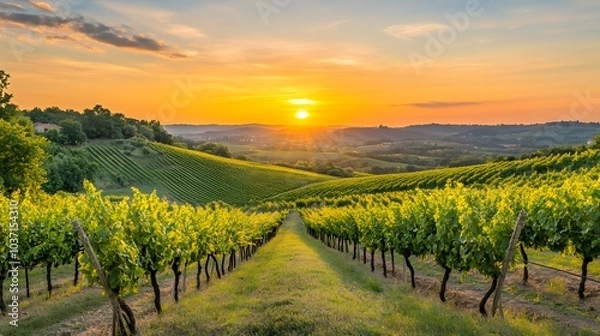 Obraz 133. A peaceful sunset over a vineyard, with rows of grapevines stretching into the distance