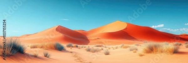 Obraz Endless Desert Serenity, expansive dunes flowing into the horizon, gentle sand gradients beneath a pristine sky, tranquil and vast atmosphere