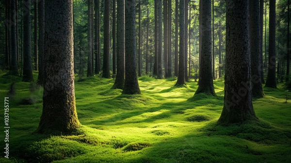 Fototapeta A serene forest landscape with towering trees and a soft carpet of moss.