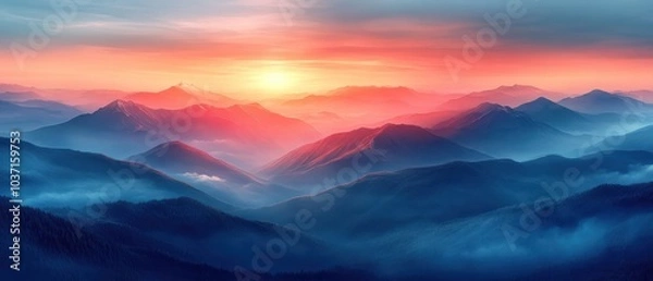 Fototapeta Serene mountain vista, gentle light illuminating soft contours, subtle clouds drifting, distant peaks emerging in the tranquil landscape