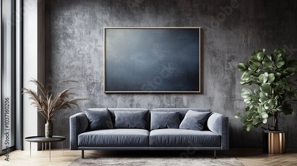 Fototapeta A stylish living space features a dark textured wall, abstract artwork, sleek modern furniture, and vibrant plants, creating a chic atmosphere.