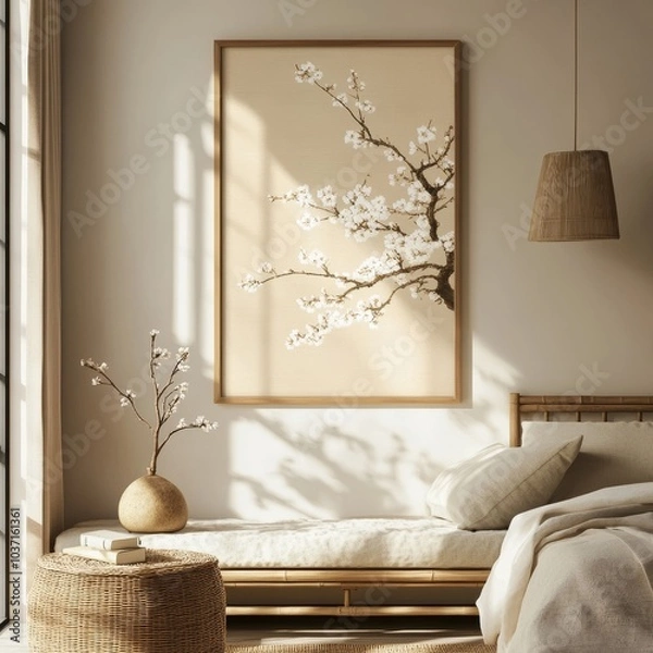 Fototapeta A serene room decorated with a framed cherry blossom art and neutral tones, bathed in natural light, exuding tranquility.