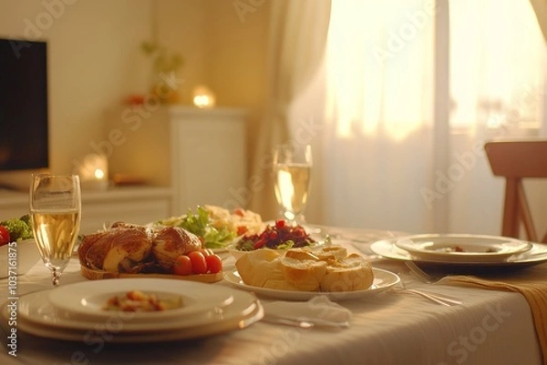 Fototapeta A tranquil dining scene with simple healthy dishes.