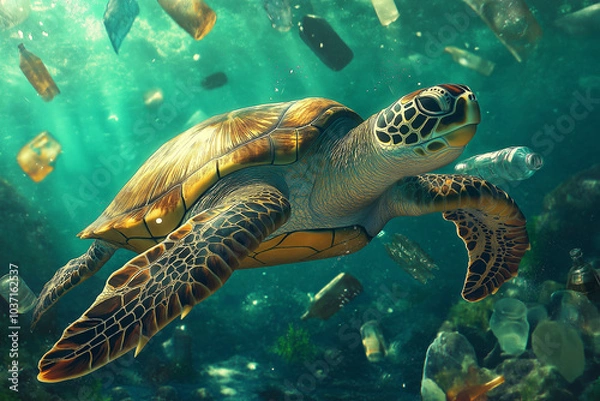 Fototapeta A Disturbing Image of Plastic Bags, Bottles, and Waste Polluting the Ocean’s Surface, Encapsulating the Grave Threats That Marine Wildlife Faces as Pollution Continues to Rise in Global Waters