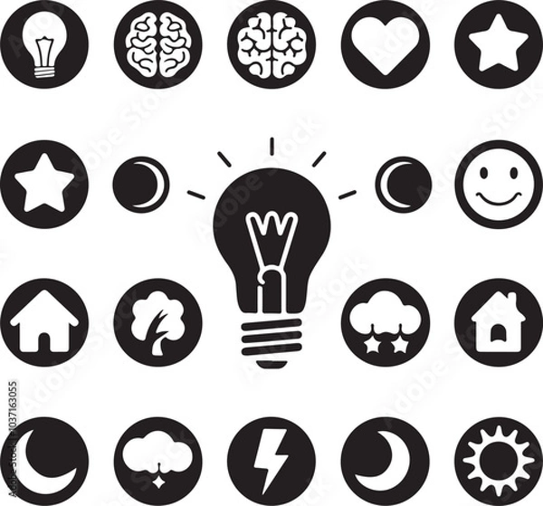 Fototapeta Bulb Icons-  camera icon- microphone glph icon - Human brain icon- Heart Icon- Mobile phone icon- Home icon - ALL VECTOR 
Illustration LCON white background.