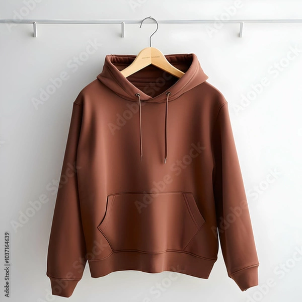 Fototapeta A brown hoodie displayed on a hanger, showcasing its design and color.