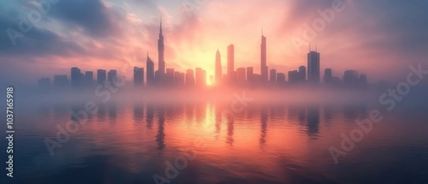 Fototapeta Foggy city skyline, minimalist composition, distant horizon, soft blur, serene atmosphere, tranquil urban landscape, subtle elegance
