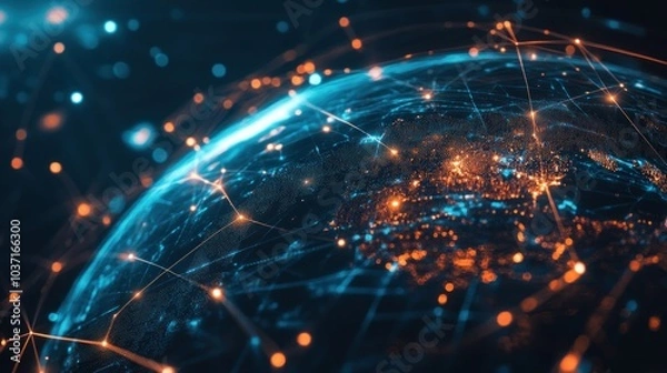 Obraz A digital representation of Earth interconnected by glowing networks and data points.