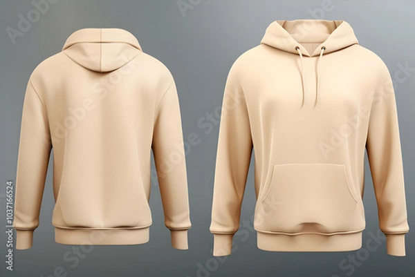 Fototapeta A beige hoodie displayed from the front and back, showcasing its design and features.