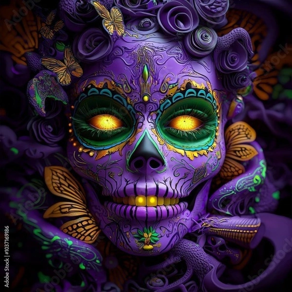 Obraz Bright sugar skull with neon purple and green patterns, glowing in dark, intricate swirls