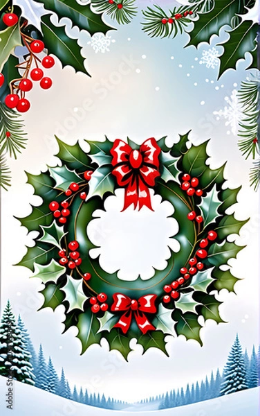 Fototapeta christmas wreath sits snowy white background adorned festive holly leaves red berries