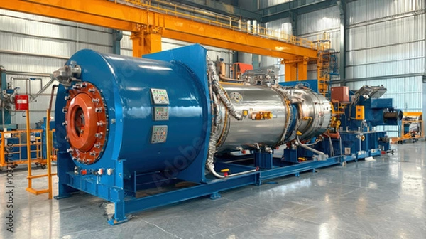 Fototapeta A large industrial machine with a blue and silver design, set against a spacious factory backdrop, is likely used for manufacturing or processing.