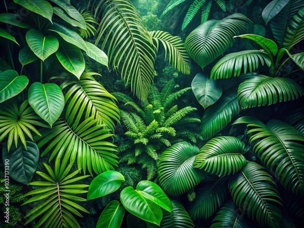 Fototapeta Closeup Aerial Photography of Lush Rainforest Jungle Leaves for Background Use