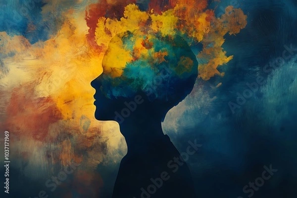 Fototapeta A silhouette of a person with vibrant clouds of blue, orange, and yellow emanating from their head, symbolizing imagination, creativity, and emotional energy.