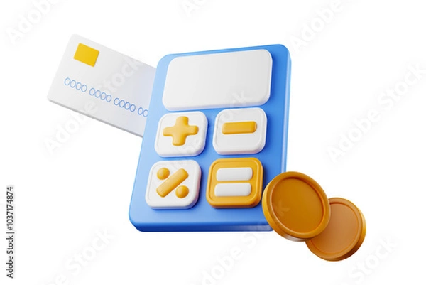 Fototapeta Realistic calculator icon floating in mid-air with dollar coin on the side and white credit card. 3D rendering.