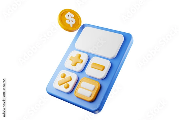 Fototapeta Realistic calculator icon floating in mid-air with dollar coins on top. 3D rendering.
