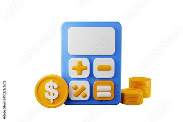 Fototapeta Realistic calculator icon with dollar coins on the side and two stacks of coins. 3D rendering.