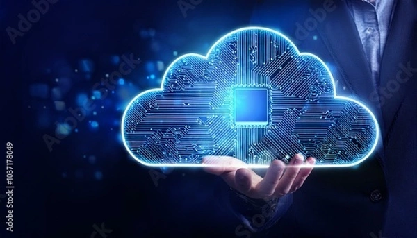 Fototapeta Abstract digital cloud computing concept on a dark blue background.