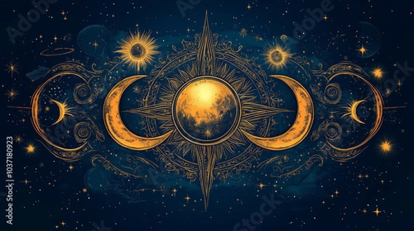 Fototapeta A celestial design featuring a large sun surrounded by three crescent moons with stars and planets in the background.