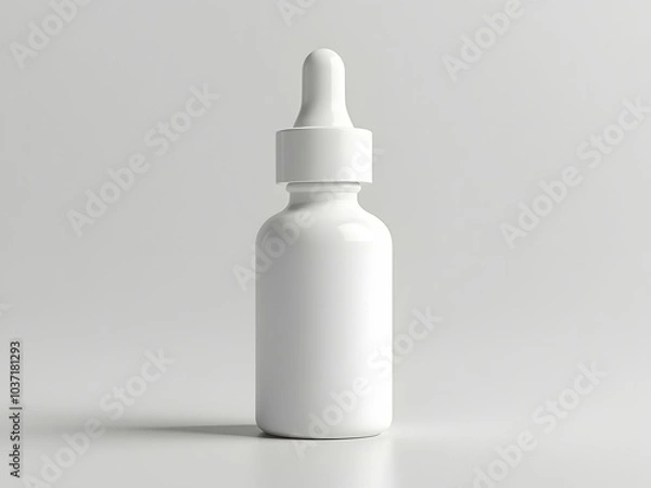 Obraz White dropper bottle on white background. 3D mock up of white dropper without label for advertisement