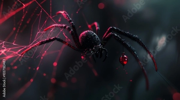 Obraz A close-up of a spider hanging on its web. The spider is black and has red eyes. The web is glowing red. The image is dark and moody.