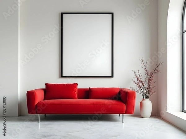 Obraz Minimalist interior with red sofa and blank poster mockup in bright room. Empty white frame mockup on the wall. Picture frame mockup. Mock up poster frame