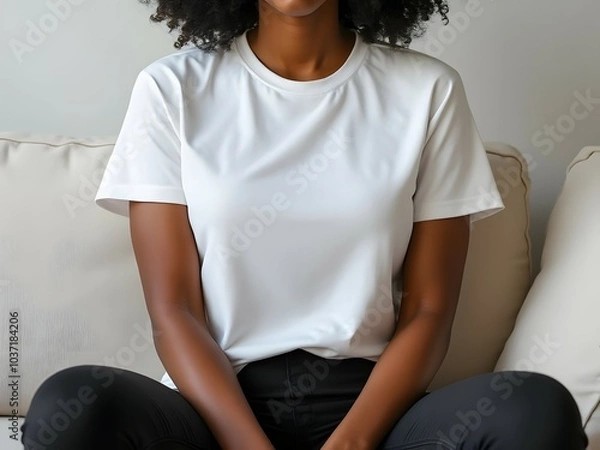 Obraz White bella canvas 3001 tshirt mockup on african american woman in minimalist setting for apparel design. Mock up template for t-shirt design print area for logo or design