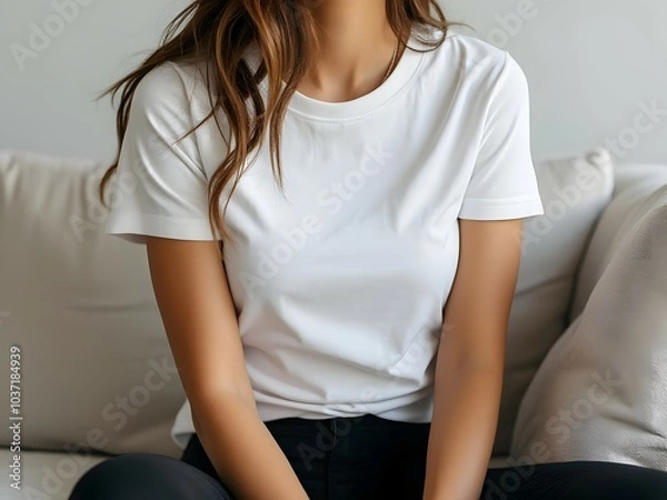 Obraz White bella canvas 3001 tshirt mockup on young woman in minimalist setting for apparel design. Mock up template for t-shirt design print area for logo or design