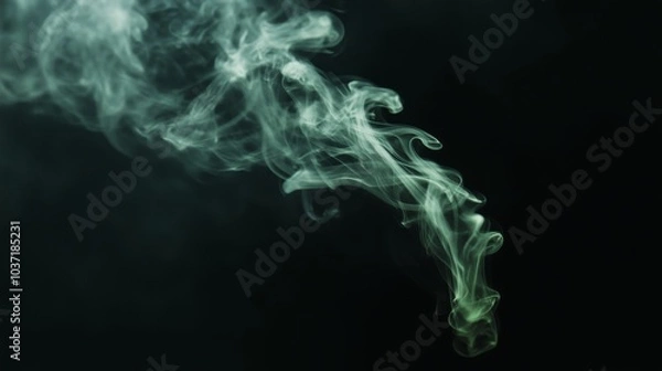Fototapeta A wisp of green smoke against a black background, taken with a wide-angle lens.