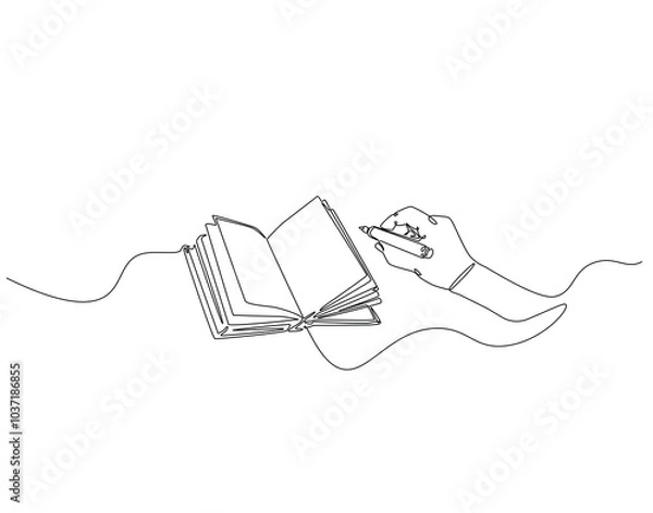 Fototapeta Continuous one line drawing of hand writing in book. One line drawing illustration of world literacy day. Writer, Education, Study concept line art. Editable outline