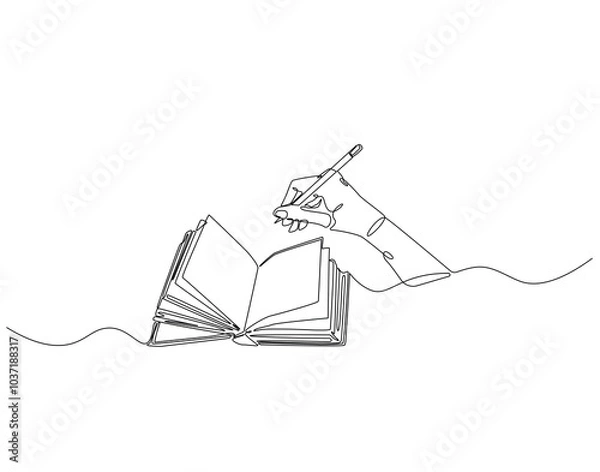 Fototapeta Continuous one line drawing of hand writing in book. One line drawing illustration of world literacy day. Writer, Education, Study concept line art. Editable outline