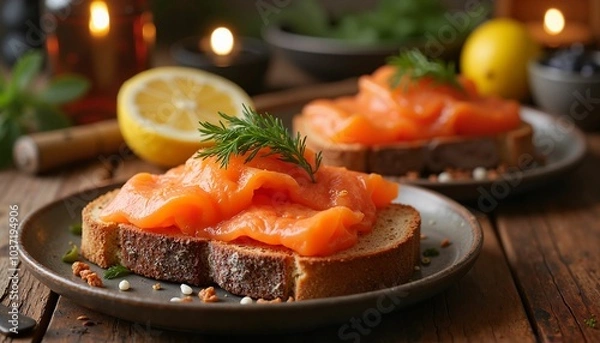 Fototapeta Gourmet Open-Faced Sandwich with Smoked Salmon and Fresh Dill on Rustic Bread