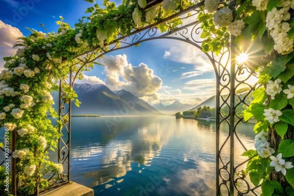 Fototapeta serene landscape featuring picturesque lake framed by lush greenery and blooming flowers. scene captures beauty of nature with mountains in background and tranquil reflection on water, evoking sense