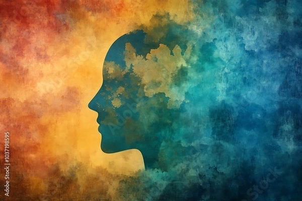 Fototapeta A human head silhouette filled with colorful clouds, representing the fusion of imagination, creativity, and the emotions that shape the mind's landscape.