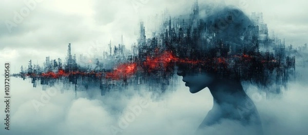Obraz A surreal depiction of a woman's silhouette merged with a cityscape and atmospheric clouds.