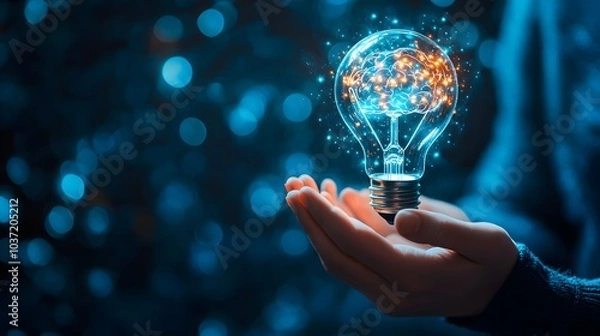 Fototapeta Hand holding a glowing lightbulb in a minimalist setting, concept of creativity, innovation