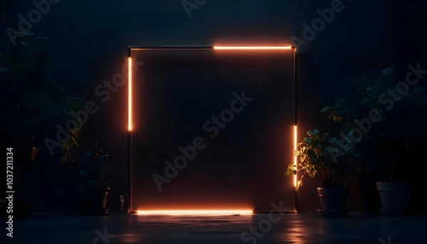 Fototapeta Futuristic 3D scene featuring a glowing border in summer dark background