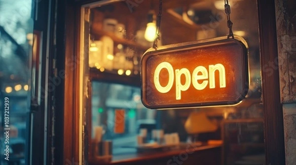 Fototapeta Illuminated 'Open' sign hanging in a shop window, inviting customers inside. Warm glow contrasts with the cool exterior, creating a welcoming atmosphere for evening patrons.