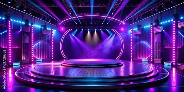 Fototapeta Empty Double Round Stage with Purple Neon Lights for Event and Performance Background
