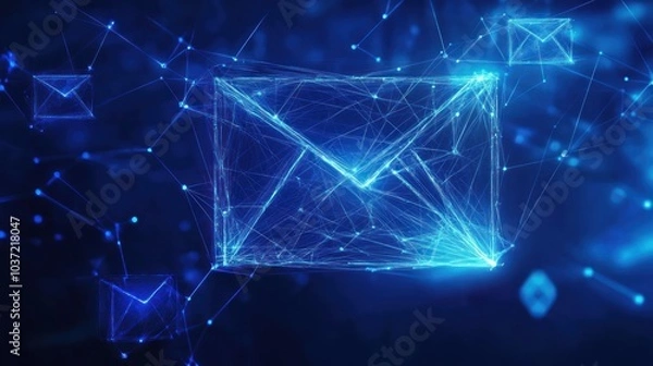 Fototapeta A digital representation of an email symbol composed of glowing lines and nodes.