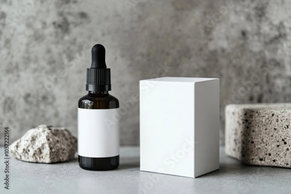 Fototapeta Minimalist skincare product with blank label and geometric stones on gray background