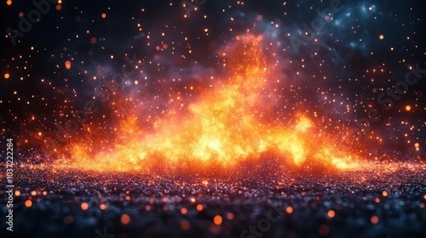 Fototapeta A vibrant explosion of fiery colors and particles against a dark background.