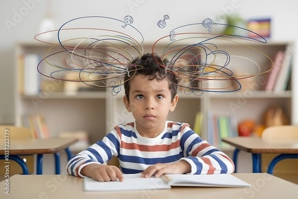 Fototapeta A young child sitting in a classroom with colorful swirling lines and symbols circling their head, symbolizing an overactive and distracted mind.