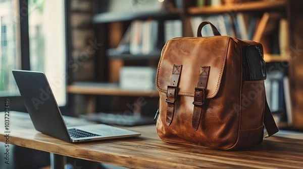 Fototapeta A close-up of a vintage leather backpack placed on a modern office desk with a laptop nearby blending retro style with contemporary function