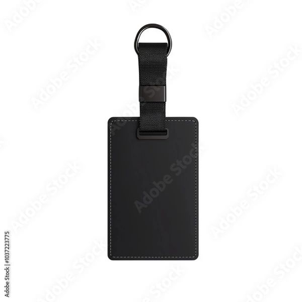 Fototapeta Blank black ID tag with strap, white isolated background, transparent background